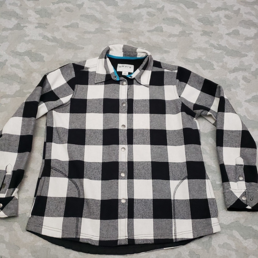 Orvis Jacket Womens Large Black Fleece Pockets Snap Outdoors Check‎ Plaid